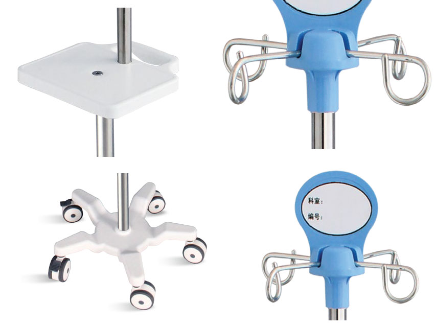 SUPPORT OF INFUSION PUMPS ON a trike 5 WHEELS with a handle and shelf - stainless steel - 4 hooks - load 20 kg