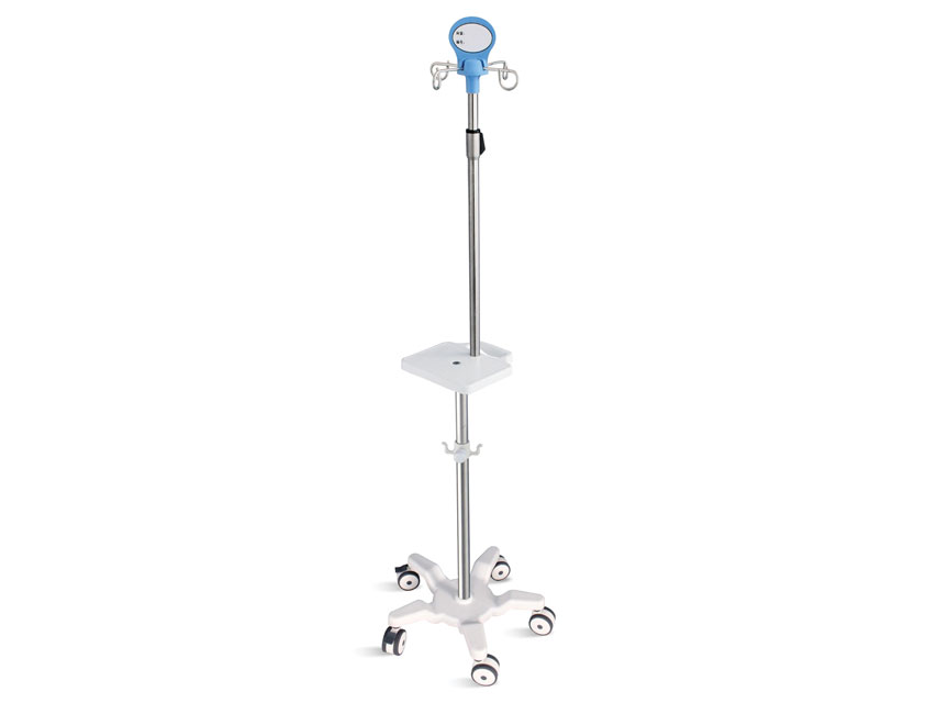 SUPPORT OF INFUSION PUMPS ON a trike 5 WHEELS with a handle and shelf - stainless steel - 4 hooks - load 20 kg